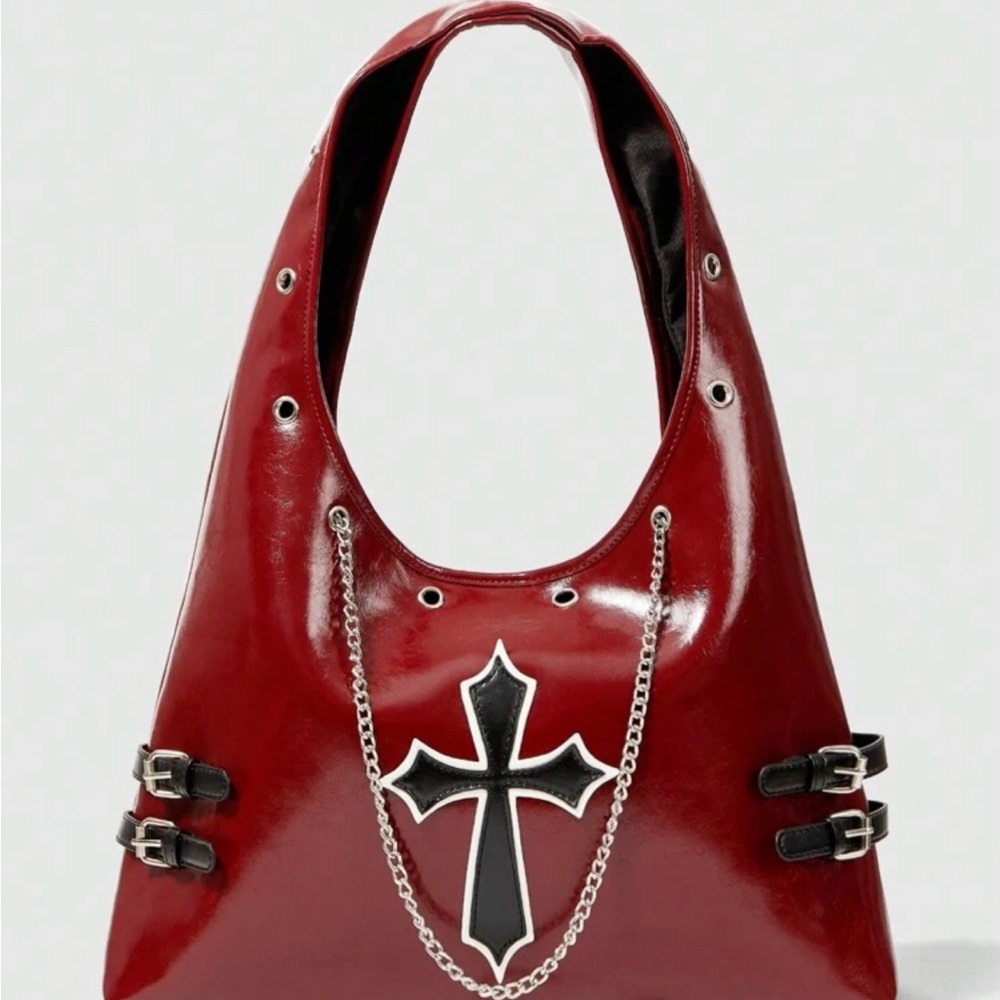 Red and Black Gothic Shoulder Bag with Cross Embellishment